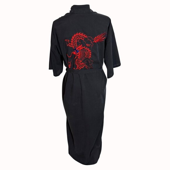 Black Dragon Kimono Robe Red Embroidered With Belt VTG Retro 70s Asian Fashion - Picture 1 of 14